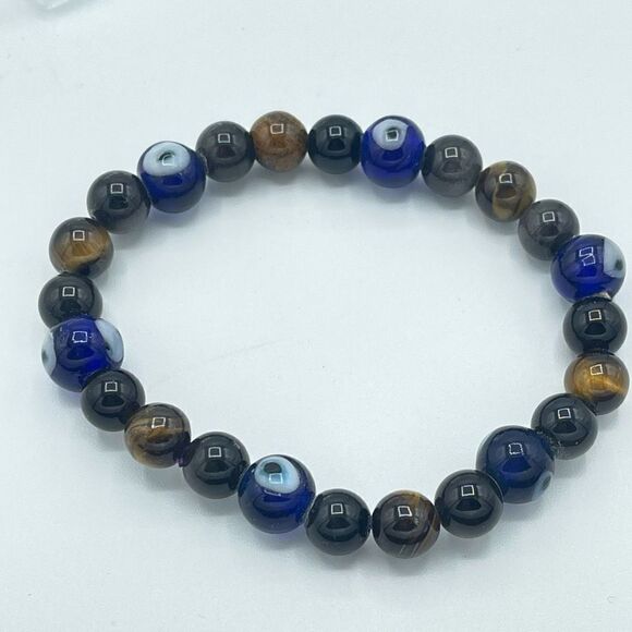 Crystal beaded stretch bracelet ONE NEW evil eye yellow tiger eye silver obsidia - Picture 3 of 10